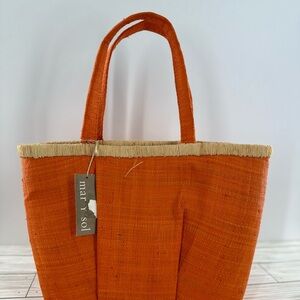 CLEARANCE Mar Y Sol Handmade in Madagascar Orange Two Handle Straw Bottom Tote